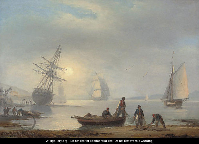 Fishermen sorting their nets on the foreshore at Teignmouth, at dusk - Thomas Luny