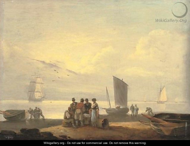 Coastal scene with fishermen on a beach in the foreground and sailing boats beyond - Thomas Luny