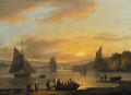 Boats in an estuary with figures disembarking in the foreground - Thomas Luny