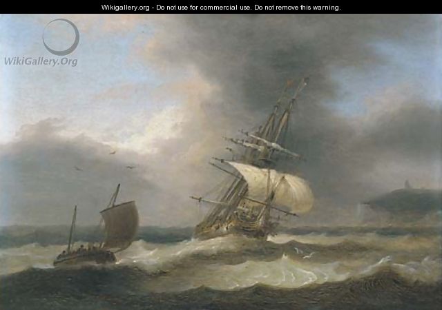 A merchantman reefed down in heavy seas running past a headland - Thomas Luny