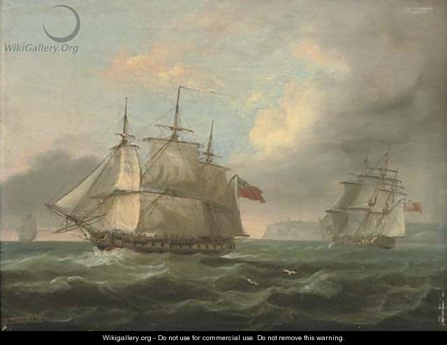 A man-of-war in two positions off the coast - Thomas Luny