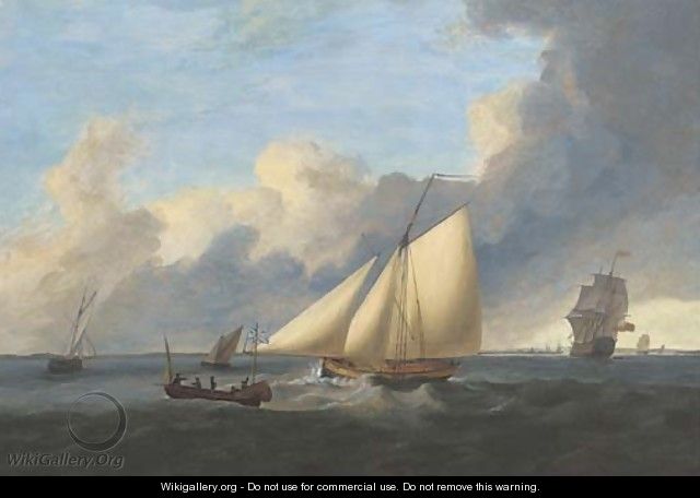 A First Rate ship-of-the-line arriving off a Naval port with an Admiralty cutter running down the coast astern of her - Thomas Luny