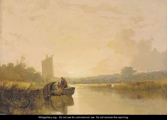 Evening on the river Yare at Whitlingham, with figures in a boat in the foreground, Norwich Castle and Cathedral beyond - Thomas Lound