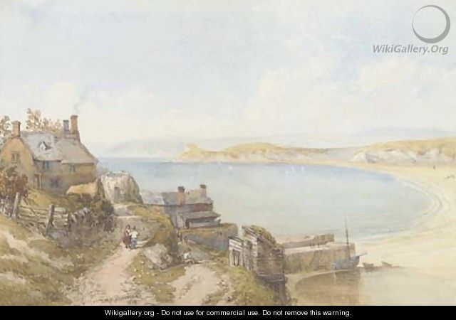 Figures on a coastal path, with boats in the bay beyond - Thomas Miles Richardson