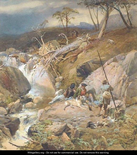 A Highland burn with an angler conversing with two gillies other sportsmen can be seen approaching from the distance - Thomas Miles Richardson, Jnr.