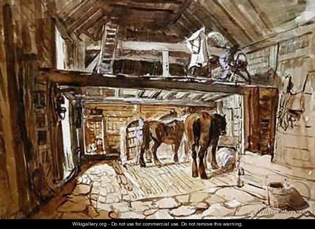 Interior of a Stable, with Two Horses Feeding - William Burgess