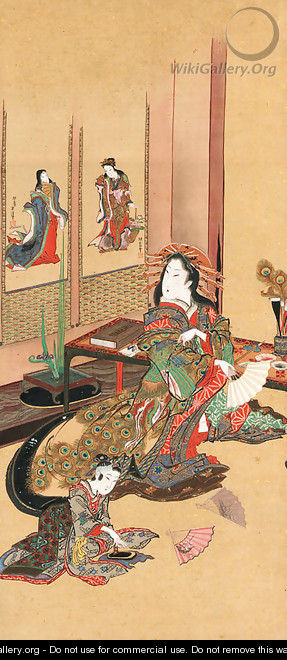 A courtesan preparing to paint a fan - Yanagawa Shigenobu