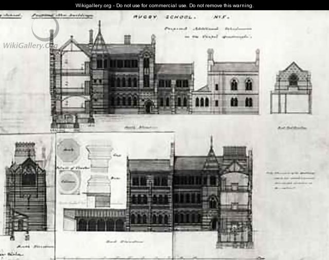 South Elevation and East Elevation, New School, Rugby School - William Butterfield