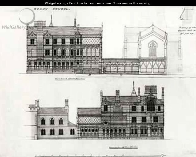 West and North Elevations, New School, Rugby School - William Butterfield