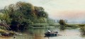 A river landscape at dusk with young anglers dragging in their nets - William W. Gosling