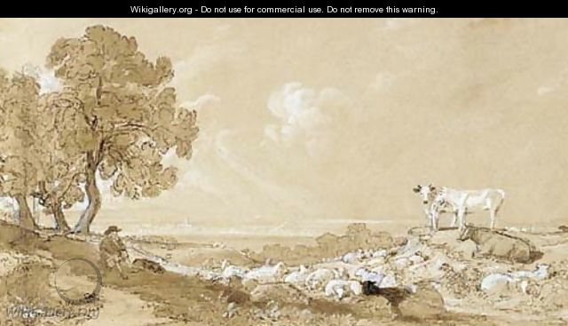 A shepherd resting beneath a tree with a view of Gloucester in the distance - William (Turner of Oxford) Turner