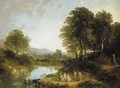 A wooded river landscape with figures in the foreground, traditionally identified as 'On the Teign' - William Traies