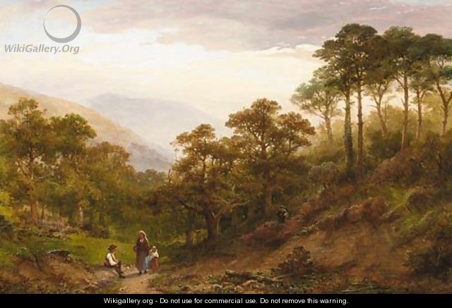 Figures in an extensive wooded landscape, Okehampton Castle - William Williams Of Plymouth