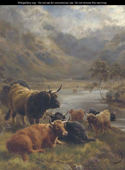 Highland cattle in a loch landscape - William Watson