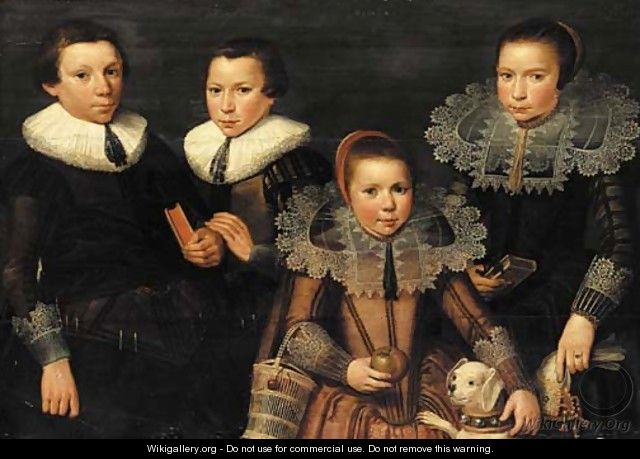 A family portrait of two brothers, aged 11 and 7, and two sisters, aged 4 and 9 - Wybrand Simonsz. de Geest