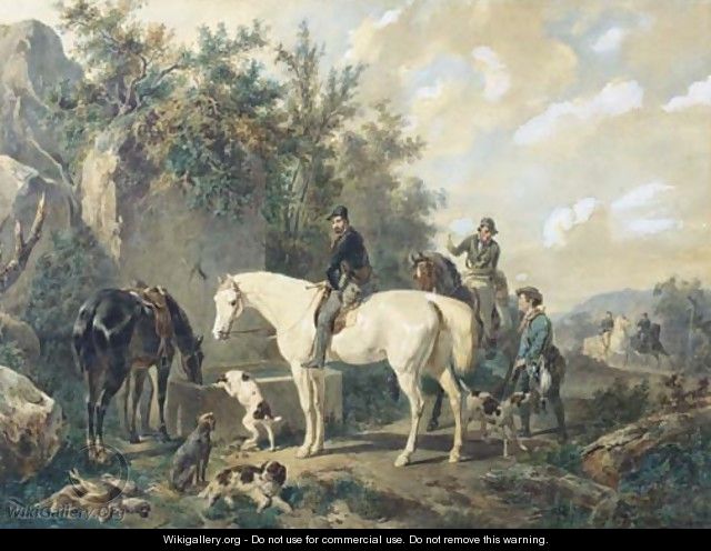 Taking a break horses watering after a hunt - Wouterus Verschuur