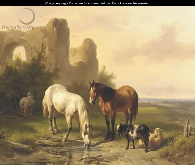 Horses by a ruin in an extensive landscape - Wouterus Verschuur