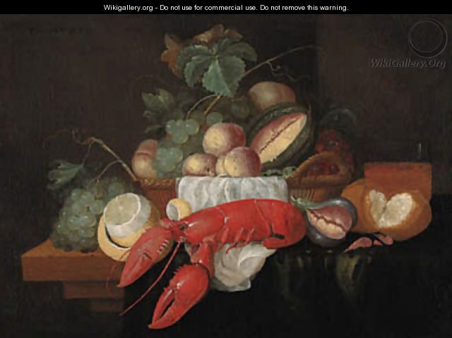 Peaches, grapes and other fruit in a basket, a partly peeled lemon, a crayfish and other objects on a partly draped ledge - Wouter Mertens