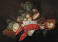 Peaches, grapes and other fruit in a basket, a partly peeled lemon, a crayfish and other objects on a partly draped ledge - Wouter Mertens