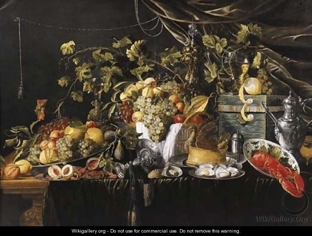 Grapes, pears, quinces, peaches, prawns, oysters and a pastry on pewter plates - Wouter Mertens