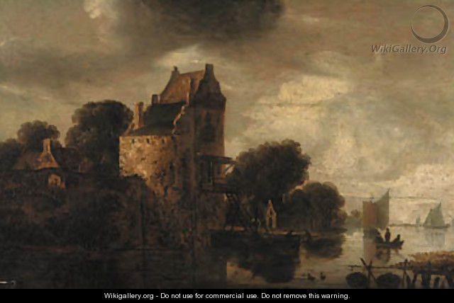 A river landscape with fishermen at a landing stage by a tower, sailing vessels beyond - Wouter Knyff