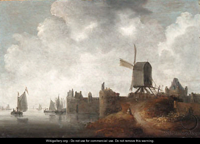 A river landscape with a windmill by a town - Wouter Knyff