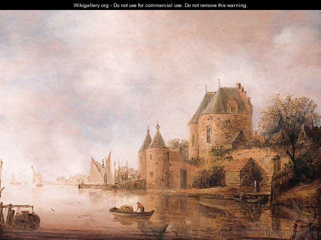 A view of the St. Janspoort, Haarlem, with a fisherman in a rowing boat nearby - Wouter Knijff