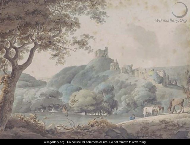 Horses grazing in a rural landscape with castle ruins beyond - William Payne