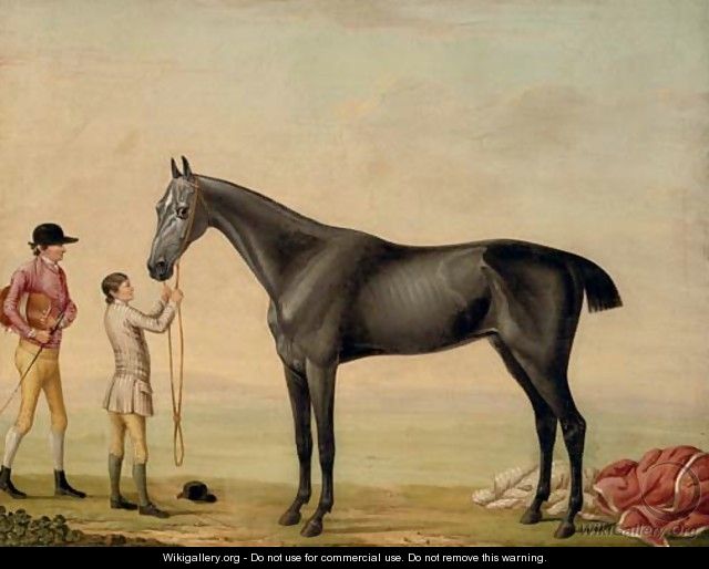 Chrysis, a grey racehorse, held by a groom, with a jockey, in a landscape - William Shaw