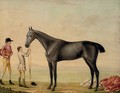 Chrysis, a grey racehorse, held by a groom, with a jockey, in a landscape - William Shaw