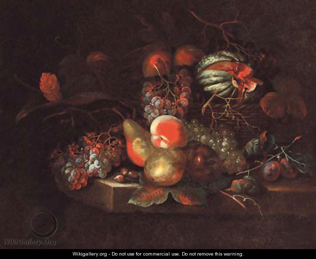 Grapes, pears, peaches, and a melon in a basket, on a stone ledge - William Sartorius