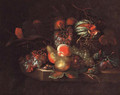 Grapes, pears, peaches, and a melon in a basket, on a stone ledge - William Sartorius