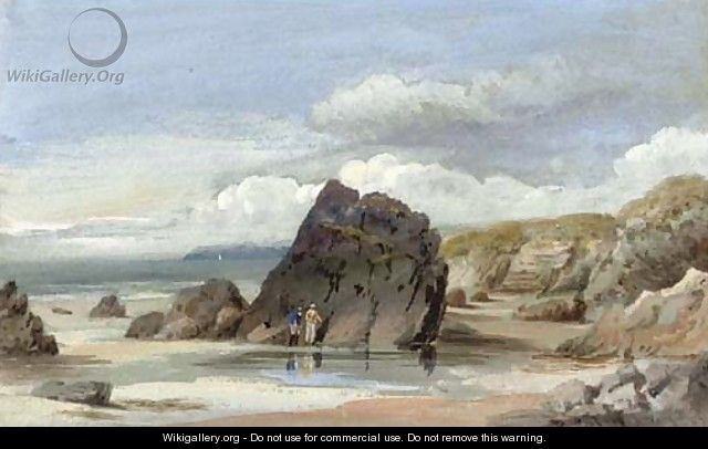 Figures before rocks on the foreshore at low tide - William Roxby Beverley