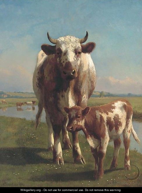A shorthorn cow and calf - William Sidney Cooper