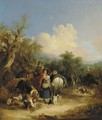 Travellers on a path in an extensive wooded landscape, with a church spire beyond - William Joseph Shayer