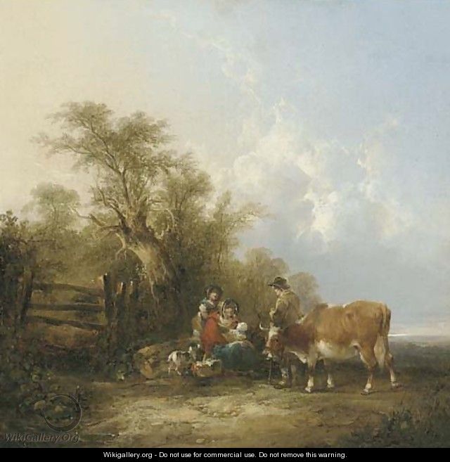 Figures and a cow by a gate in a landscape - William Joseph Shayer