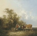 Figures and a cow by a gate in a landscape - William Joseph Shayer