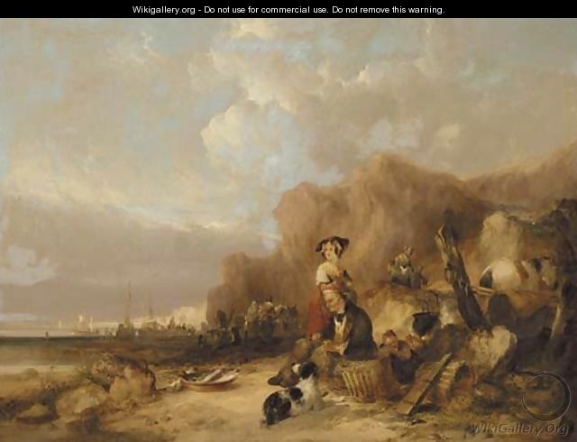 Coastal scene with a fisherman mending his nets, with other figures and fishing boats beyond - William Joseph Shayer