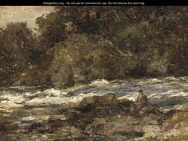 An angler on the bank of a rocky river - William Stewart MacGeorge