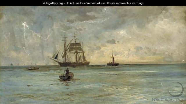 Lightening splitting the sky over a barque and her attendant tug - William Lionel Wyllie