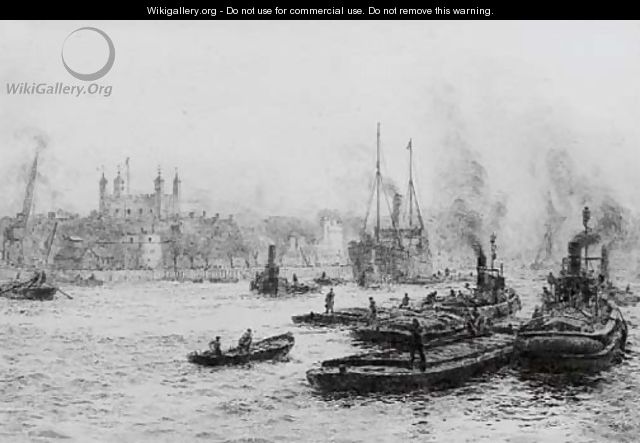 Barges and other shipping in the Pool of London before the Tower - William Lionel Wyllie