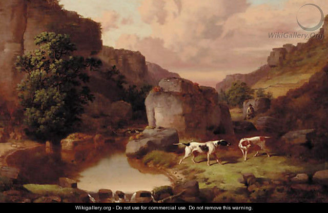 Pointers with a huntsman in a rocky river landscape - William Malbon