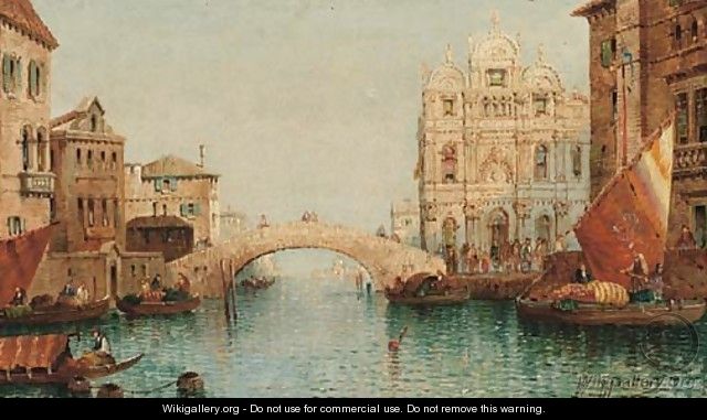 Vessels on a venetian canal by a bridge, a capriccio - William Meadows