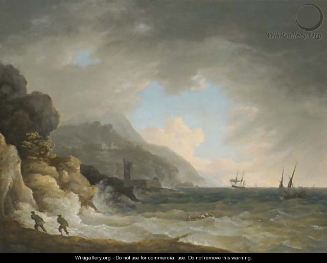 View Of A Bay Near Terracina With Figures And Shipping In Choppy Seas - William Marlow