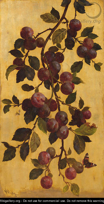 A branch with plums against a gold background - William Hughes