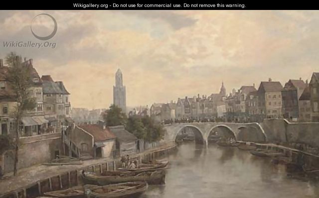 Figures on a bridge in a continental town - William Howard Hart