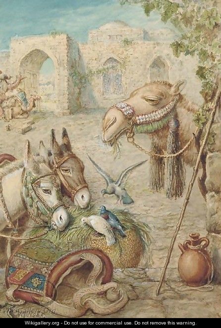 Donkeys and a camel resting at the wayside - William J. Webbe or Webb