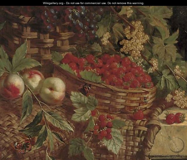 Strawberries, raspberries, grapes, peaches and elderberries in wicker baskets on a stone ledge - William Hughes