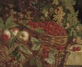 Strawberries, raspberries, grapes, peaches and elderberries in wicker baskets on a stone ledge - William Hughes