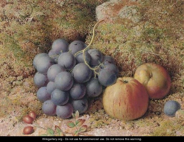 Still life of grapes and an apple on a mossy bank - William Hughes